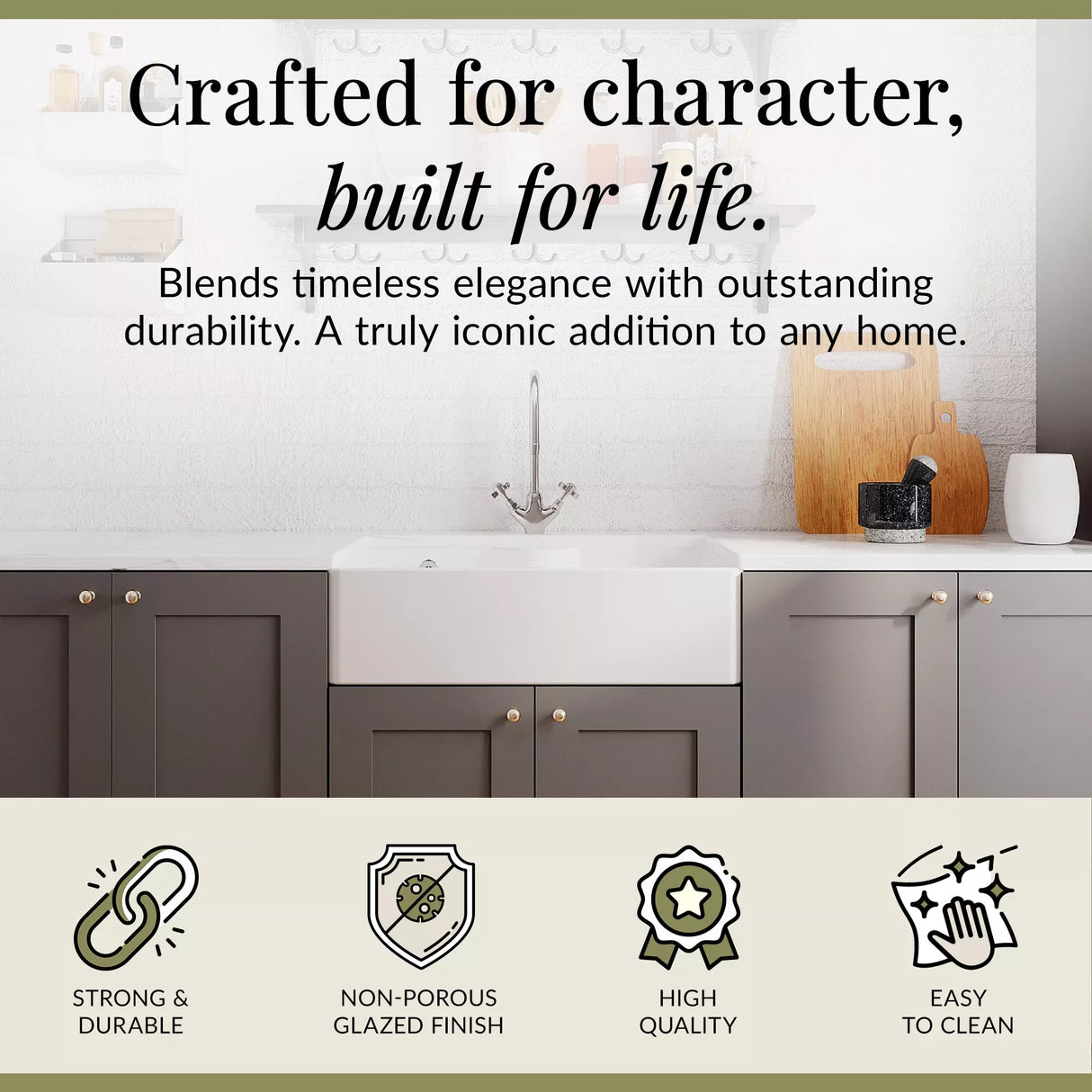 Single Bowl Fireclay Ceramic Butler Kitchen Sink Bundle with Tap Ledge, Tap & Waste