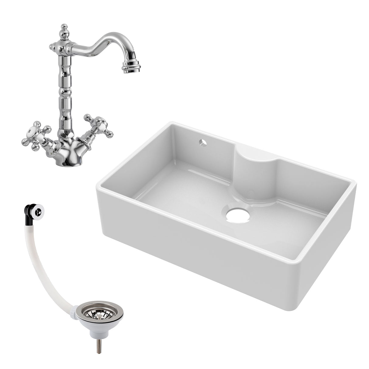 Single Bow Fireclay Ceramic Butler Kitchen Sink Bundle with Tap Ledge, French Classic Tap & Waste