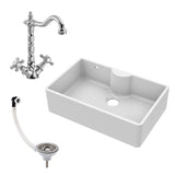 Single Bow Fireclay Ceramic Butler Kitchen Sink Bundle with Tap Ledge, French Classic Tap & Waste