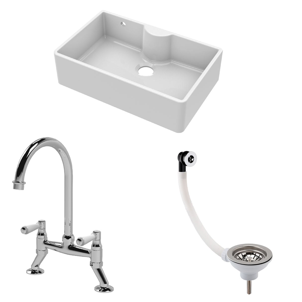 Fireclay Kitchen Bundle - Single Bowl Butler Sink with Overflow & Ledge, Waste & Bridge Mixer Tap, 795mm - Chrome