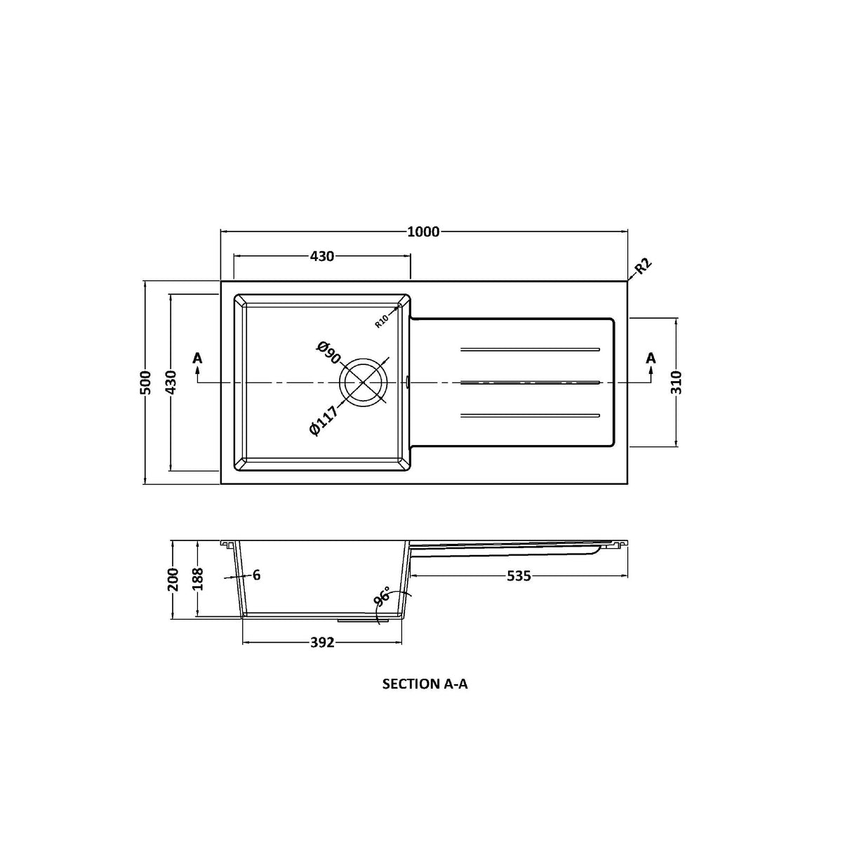 101cm Composite Inset Kitchen Sink with Overflow & Drainer - Available in Multiple Colours