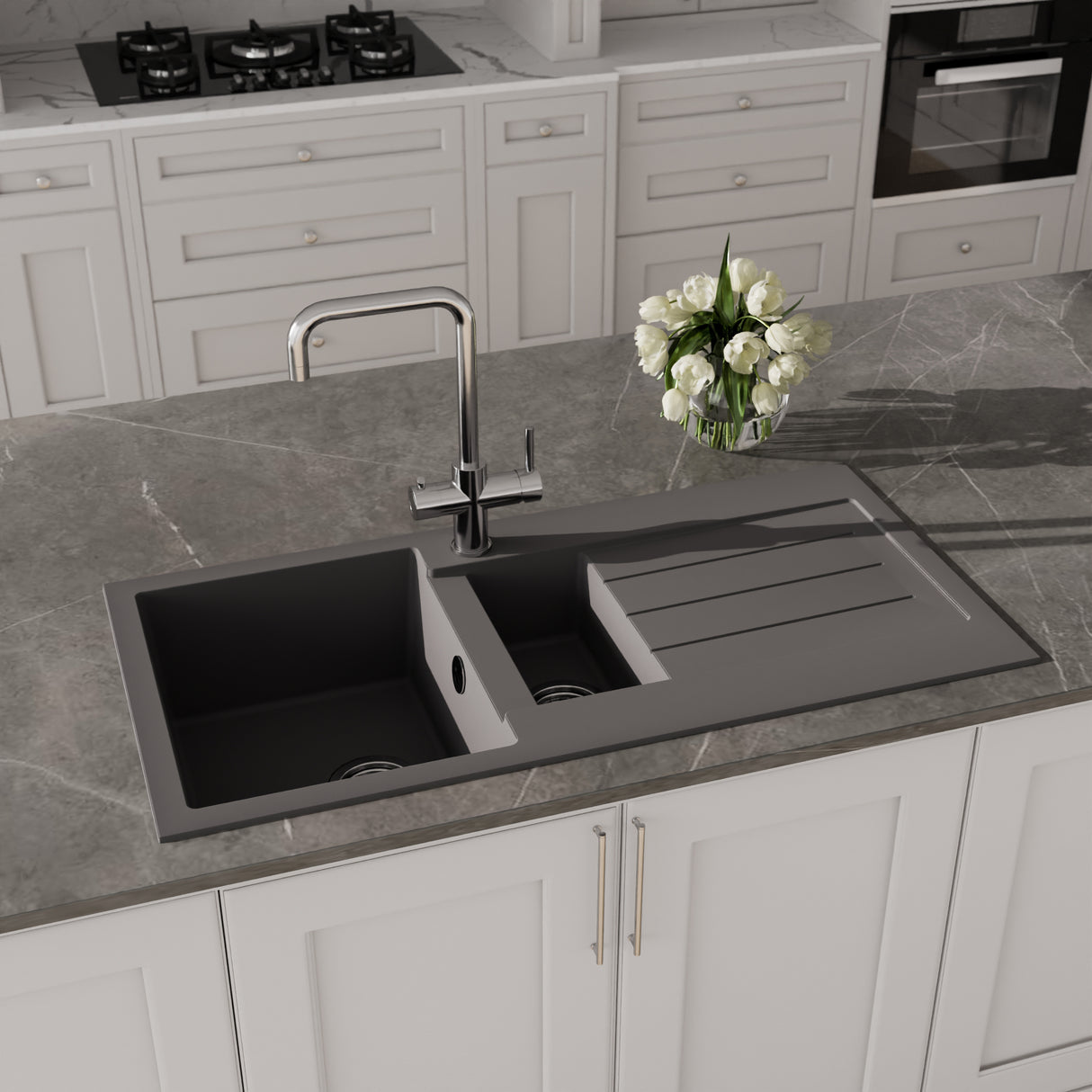 1.5 Bowl Composite Inset Kitchen Sink with Overflow & Drainer in a Matt Grey Finish