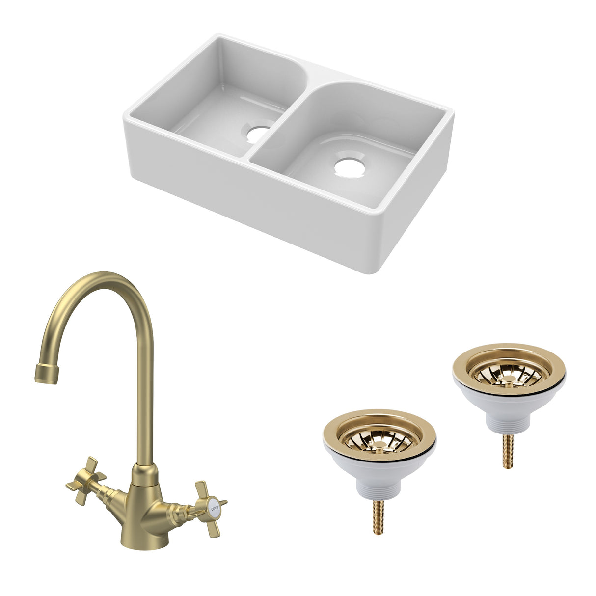 Fireclay Kitchen Bundle - Double Bowl Full Weir Butler Sink No Overflow, Wastes & Mono Tap, 795mm - Brushed Brass