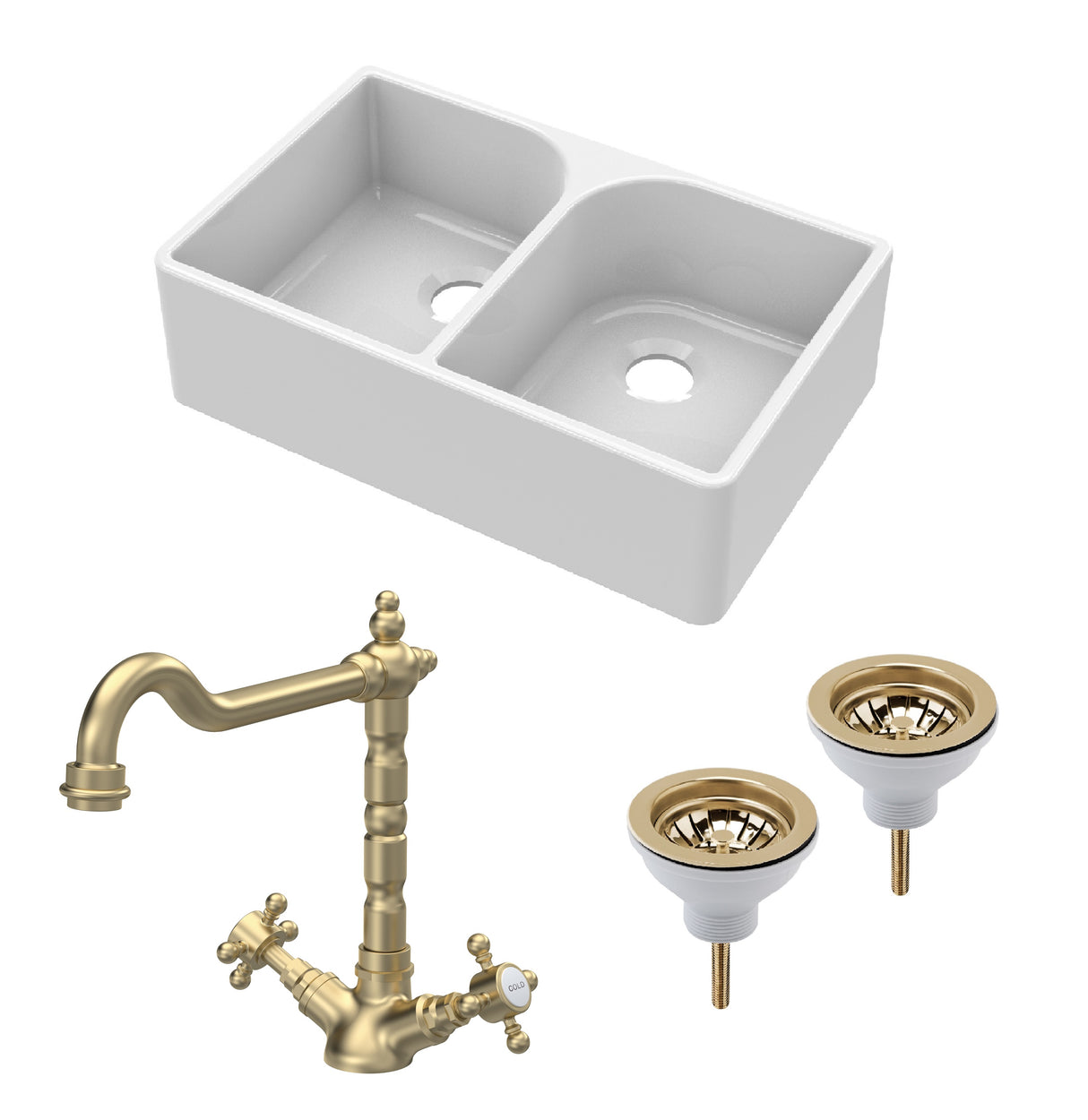 Fireclay Kitchen Bundle - Double Bowl Full Weir Butler Sink No Overflow, Wastes & Classic Tap, 795mm - Brushed Brass