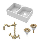 Fireclay Kitchen Bundle - Double Bowl Full Weir Butler Sink No Overflow, Wastes & Classic Tap, 795mm - Brushed Brass