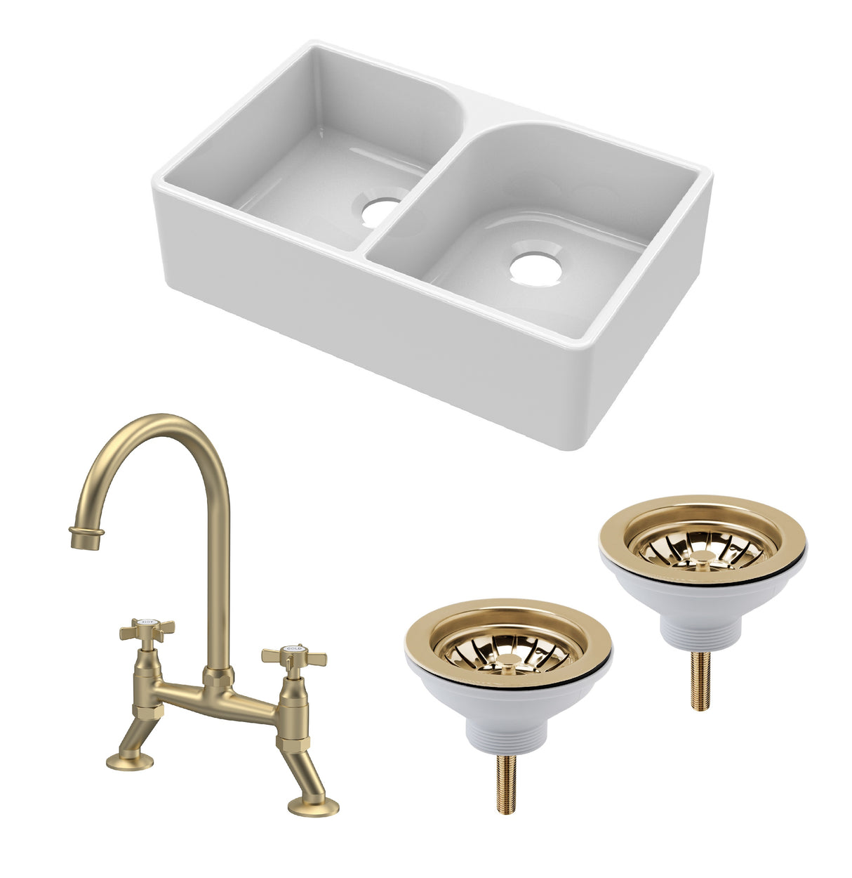 Fireclay Kitchen Bundle - Double Bowl Full Weir Butler Sink No Overflow, Wastes & Bridge Tap, 795mm - Brushed Brass