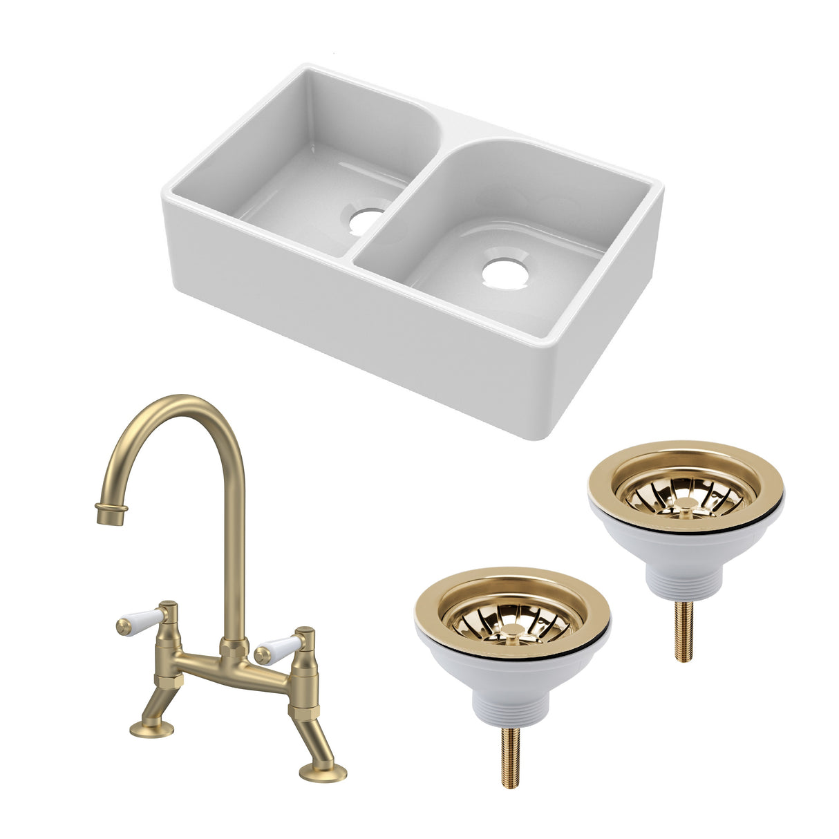 Fireclay Kitchen Bundle - Double Bowl Full Weir Butler Sink No Overflow, Wastes & Tap, 795mm - Brushed Brass