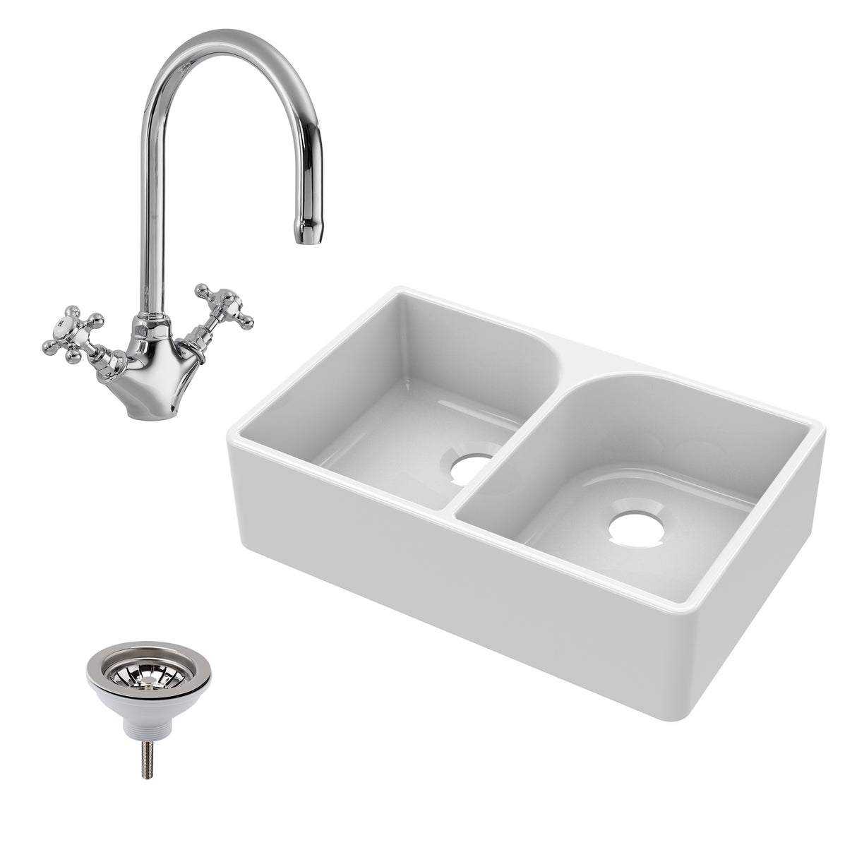 Double Bowl Fireclay Ceramic Full Weir Butler Kitchen Sink Bundle with Mono Mixer Tap & Waste