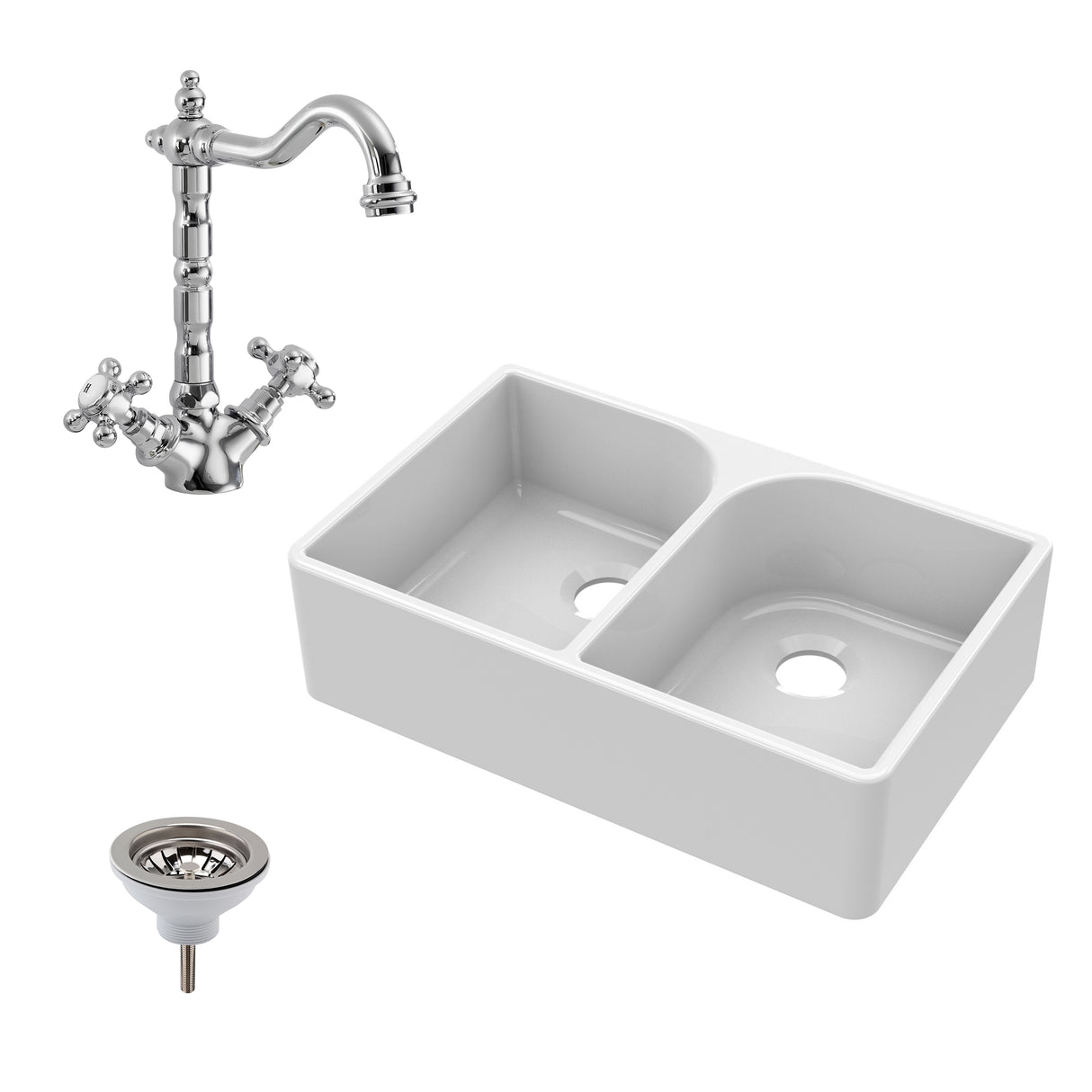 Double Bowl Fireclay Ceramic Full Weir Butler Kitchen Sink Bundle with Classic Tap & Waste