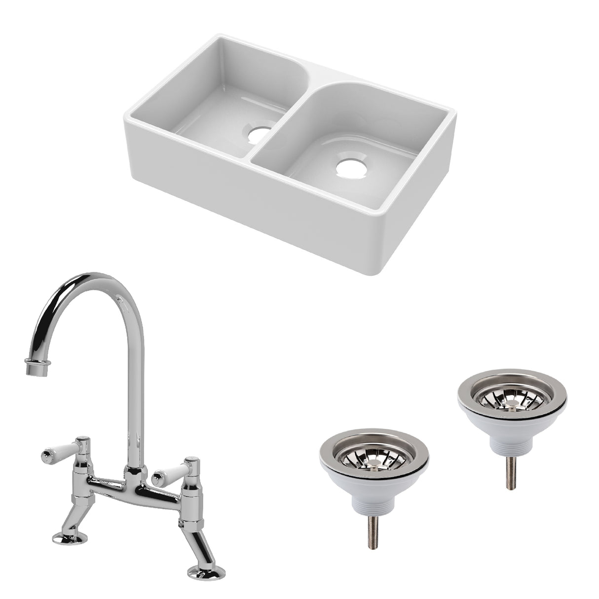 Fireclay Kitchen Bundle - Double Bowl Full Weir Butler Sink No Overflow, Wastes & Bridge Lever Tap, 795mm - Chrome