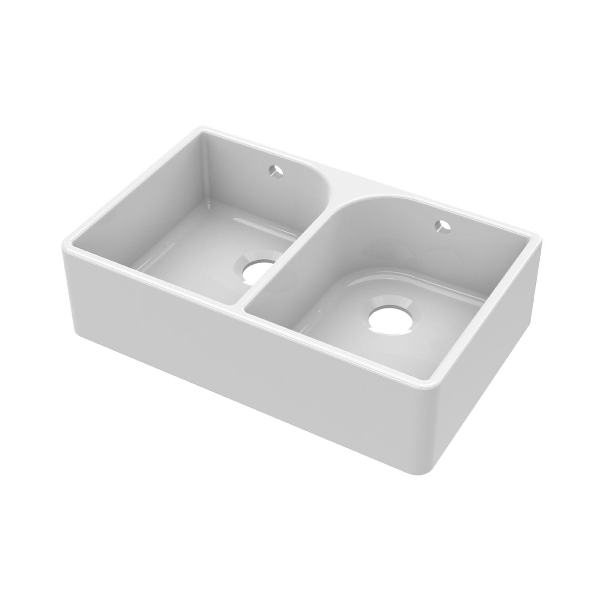 Double Bowl Fireclay Ceramic Butler Kitchen Sink - with Full Weir, Overflow & No Tap Hole