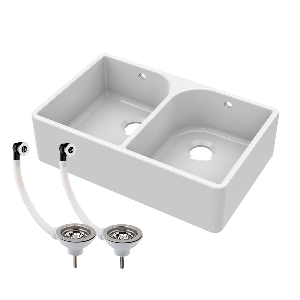 Double Bowl Fireclay Ceramic Butler Kitchen Sink Bundle with Overflows & Wastes