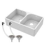 Double Bowl Fireclay Ceramic Butler Kitchen Sink Bundle with Overflows & Wastes