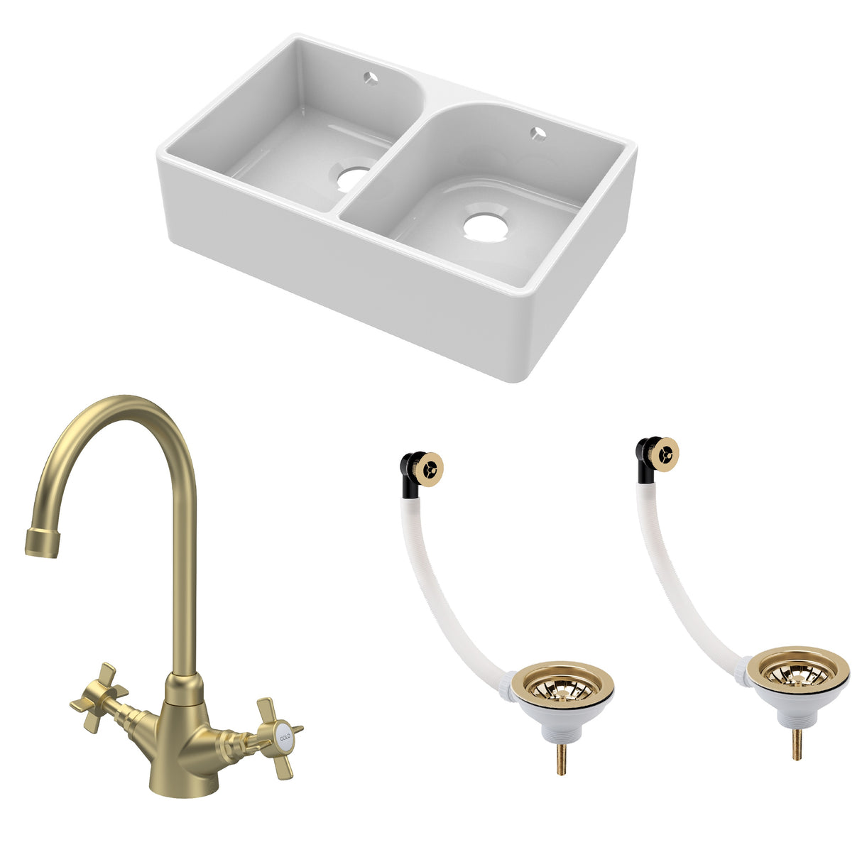 Fireclay Kitchen Bundle - Double Bowl Full Weir Butler Sink, Wastes & Mono Crosshead Tap, 795mm - Brushed Brass