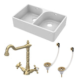 Fireclay Kitchen Bundle - Double Bowl Full Weir Butler Sink, Wastes & French Classic Tap, 795mm - Brushed Brass