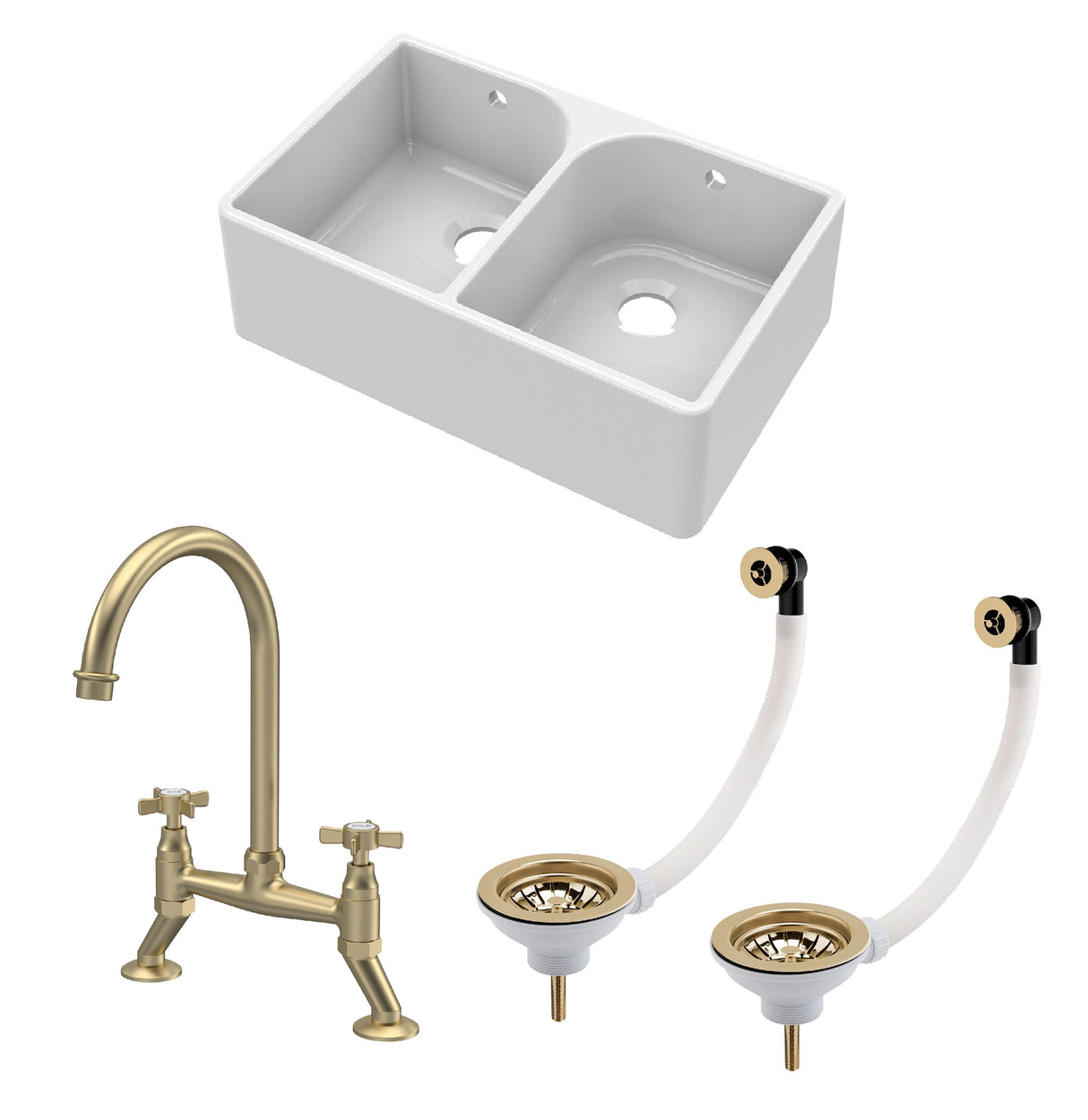 Fireclay Kitchen Bundle - Double Bowl Full Weir Butler Sink, Wastes & Bridge Crosshead Tap, 795mm - Brushed Brass