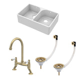 Fireclay Kitchen Bundle - Double Bowl Full Weir Butler Sink, Wastes & Bridge Lever Tap, 795mm - Brushed Brass