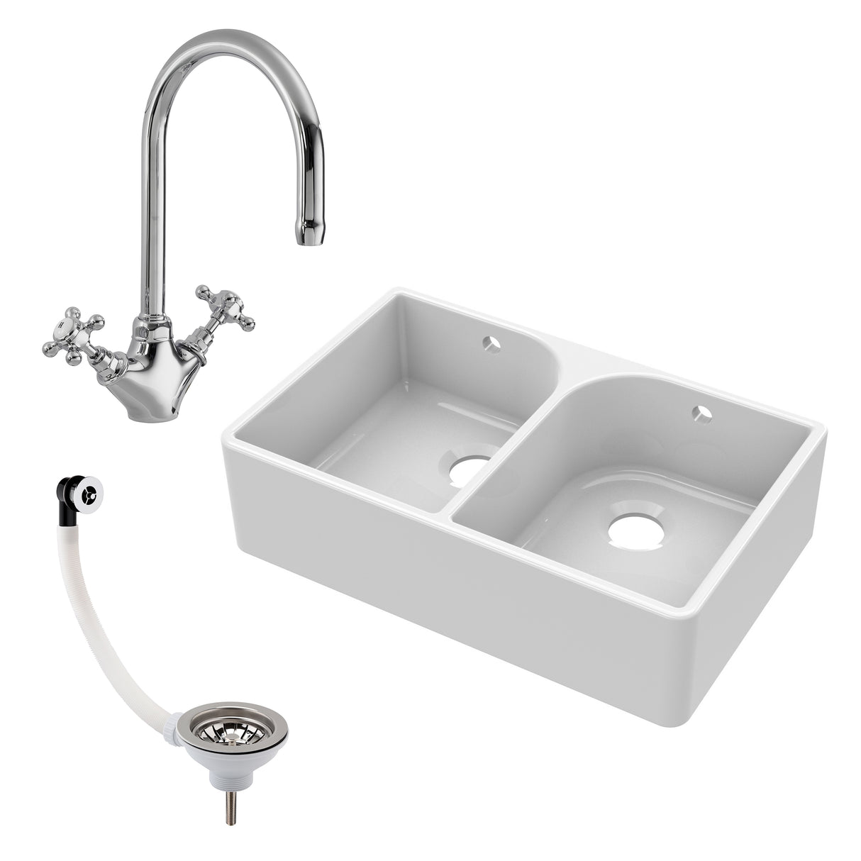 Double Bowl Fireclay Ceramic Butler Kitchen Sink Bundle with Mono Mixer Tap & Wastes