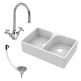 Double Bowl Fireclay Ceramic Butler Kitchen Sink Bundle with Mono Mixer Tap & Wastes