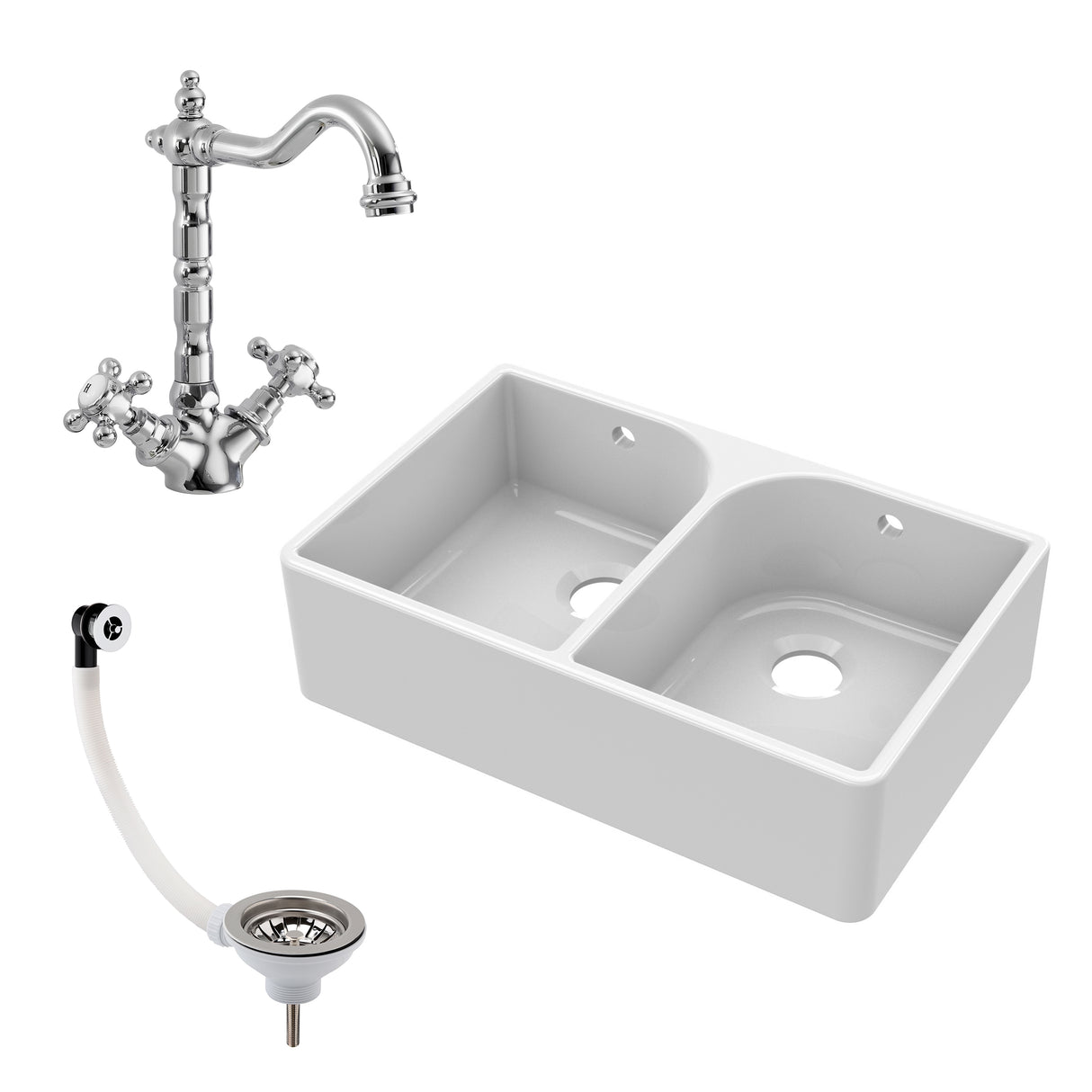 Double Bowl Fireclay Ceramic Butler Kitchen Sink Bundle with Weir, French Classic Tap & Wastes