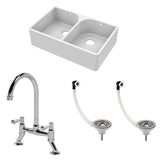 Fireclay Kitchen Bundle - Double Bowl Full Weir Butler Sink, Wastes & Bridge Lever Tap, 795mm - Chrome