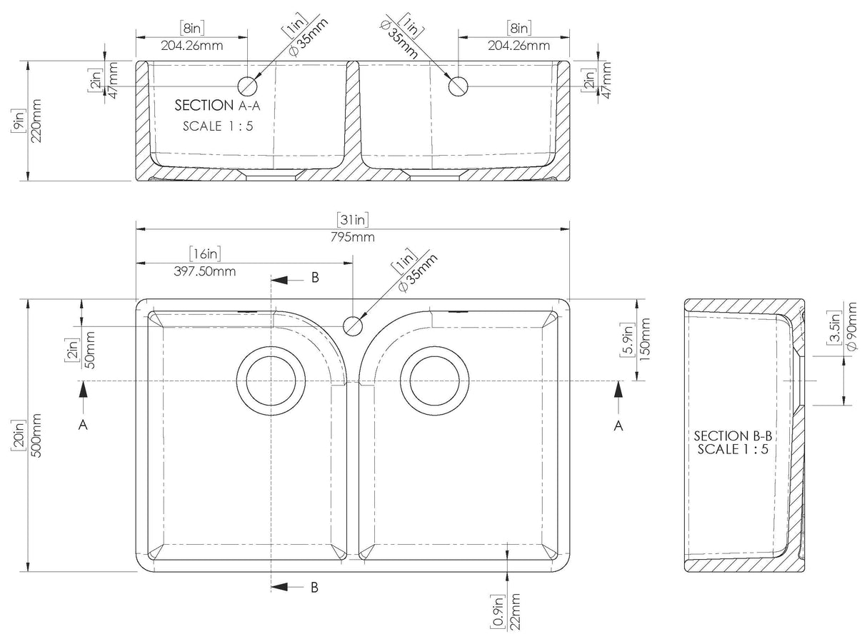 Double Bowl Fireclay Belfast Sink Bundle with Tap Hole & Full Wier, Basket Strainer Waste & Mono Mixer Tap