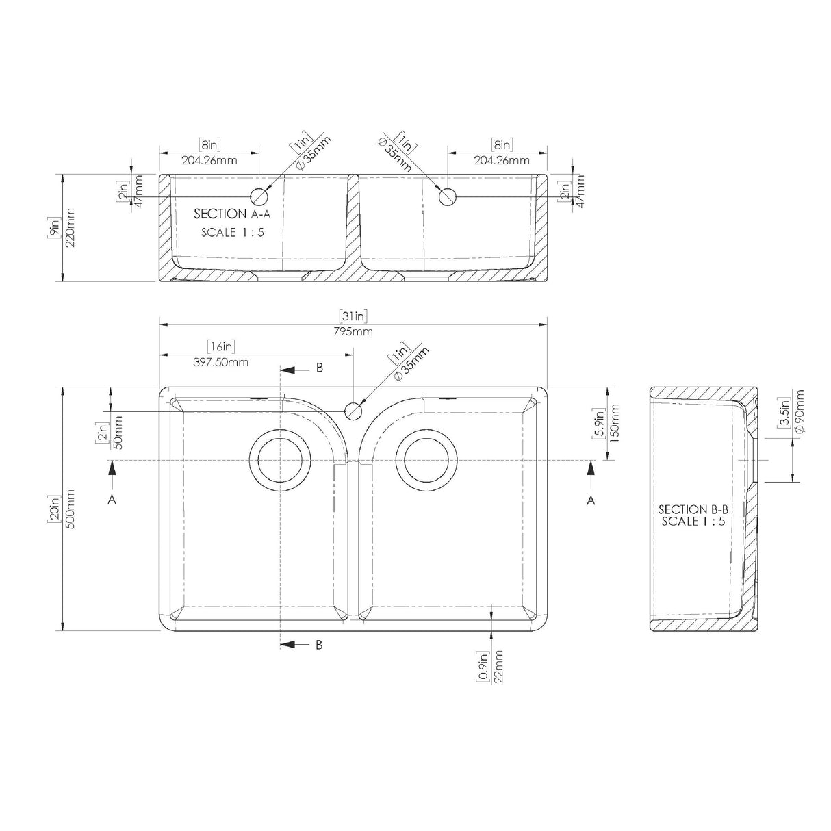 Double Bowl Fireclay Belfast Sink Bundle with Tap Hole & Full Wier, Basket Strainer Waste & Mono Mixer Tap