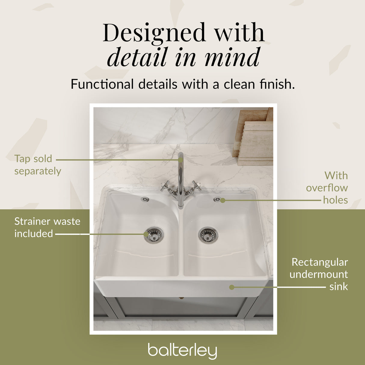 Double Bowl Fireclay Butler Kitchen Sink -  Bundle Includes Full Weir, Tap Hole & Wastes