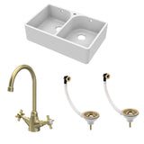 Fireclay Kitchen Bundle - Double Bowl Full Weir 1 Tap Hole Butler Sink, Wastes & Mono Tap, 795mm - Brushed Brass