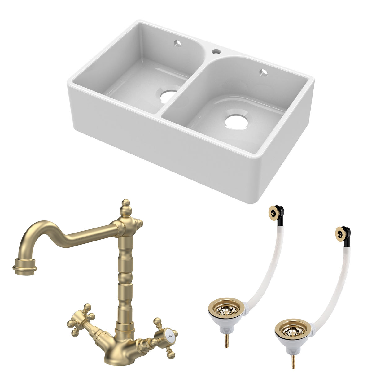 Fireclay Kitchen Bundle - Double Bowl Full Weir 1 Tap Hole Butler Sink, Wastes & Classic Tap, 795mm - Brushed Brass