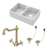 Fireclay Kitchen Bundle - Double Bowl Full Weir 1 Tap Hole Butler Sink, Wastes & Classic Tap, 795mm - Brushed Brass