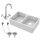 Double Bowl Fireclay Belfast Sink Bundle with Tap Hole & Full Wier, Basket Strainer Waste & Mono Mixer Tap