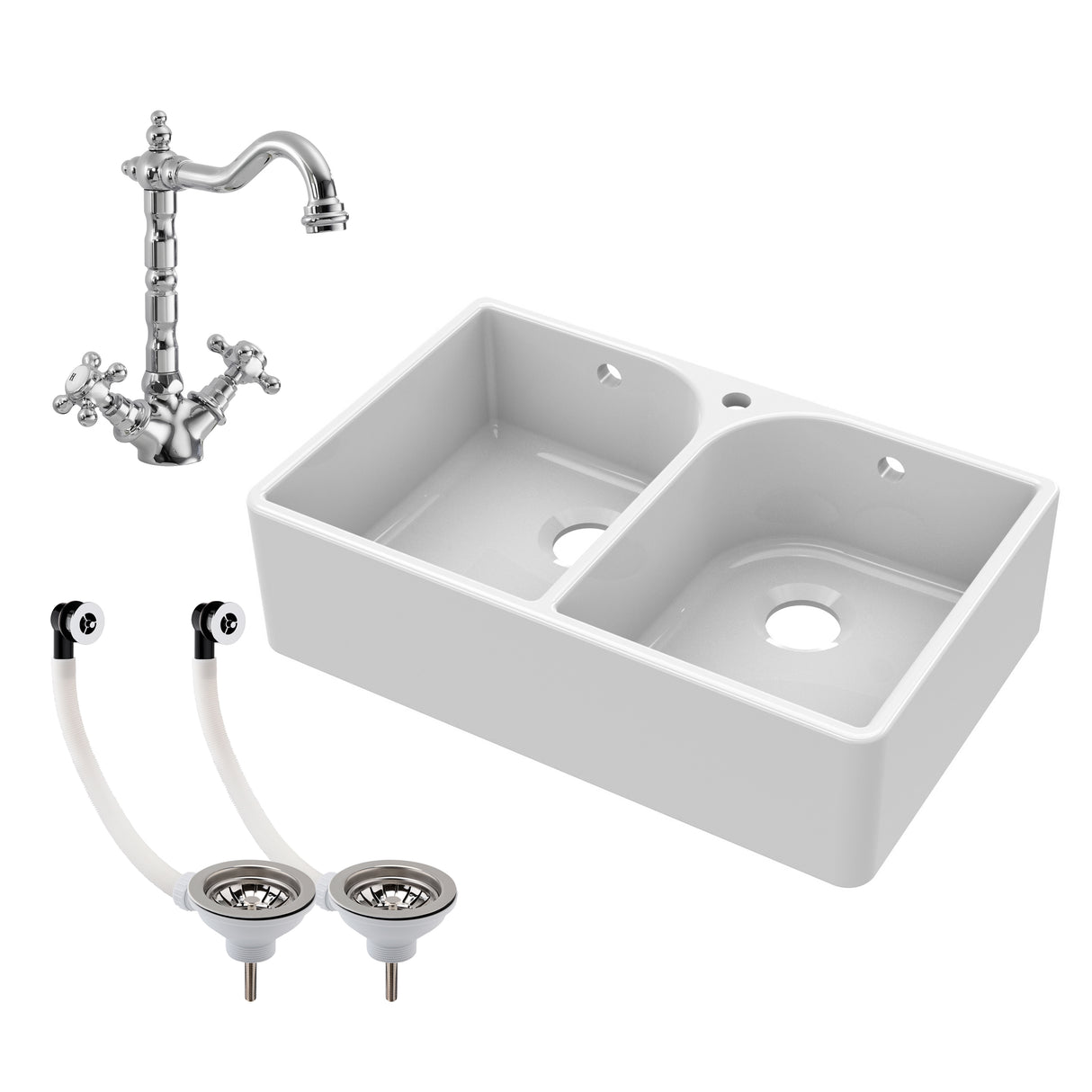 Double Bowl Fireclay Ceramic Butler Kitchen Sink Bundle with Tap Hole, Weir & Wastes