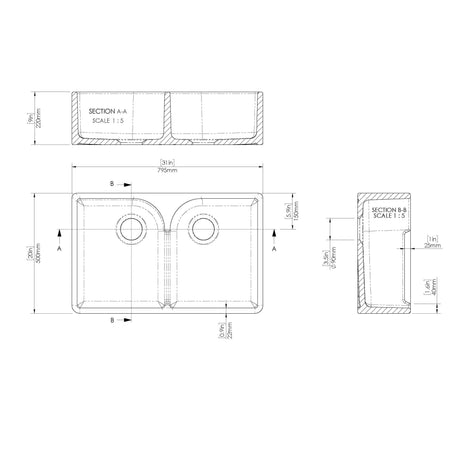 Fireclay Kitchen Bundle - Double Bowl Stepped Weir Butler Sink, Wastes & Bridge Crosshead Tap, 795mm - Brushed Brass