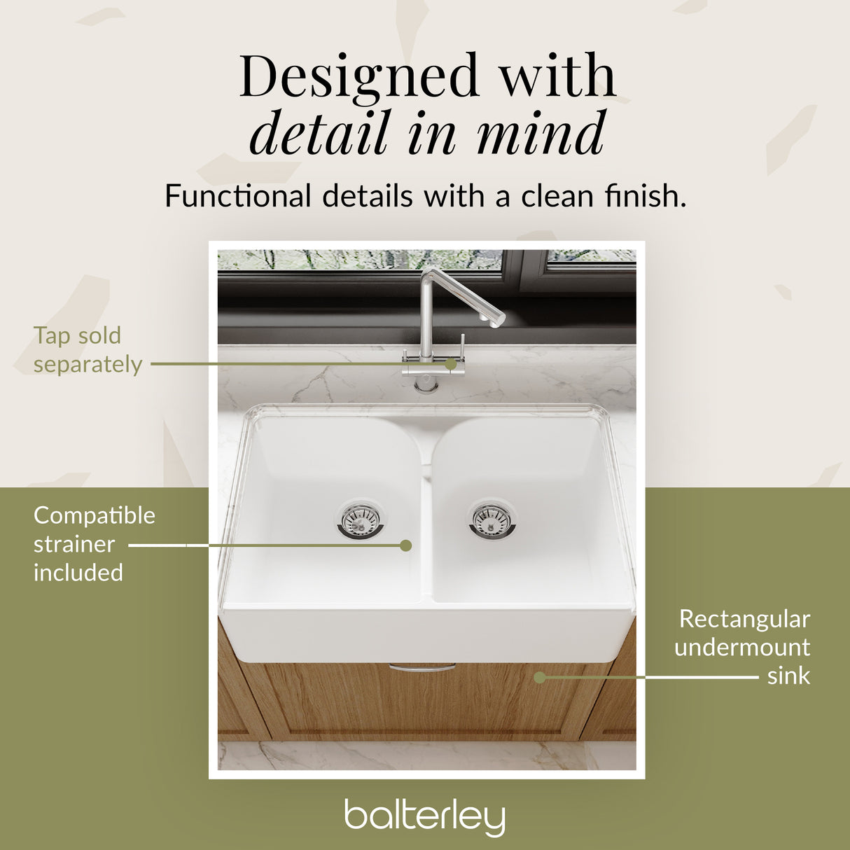 Double Bowl Fireclay Ceramic Butler Kitchen Sink with Stepped Weir  & Wastes