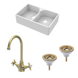 Fireclay Kitchen Bundle - Double Bowl Stepped Weir Butler Sink, Wastes & Mono Crosshead Tap, 795mm - Brushed Brass