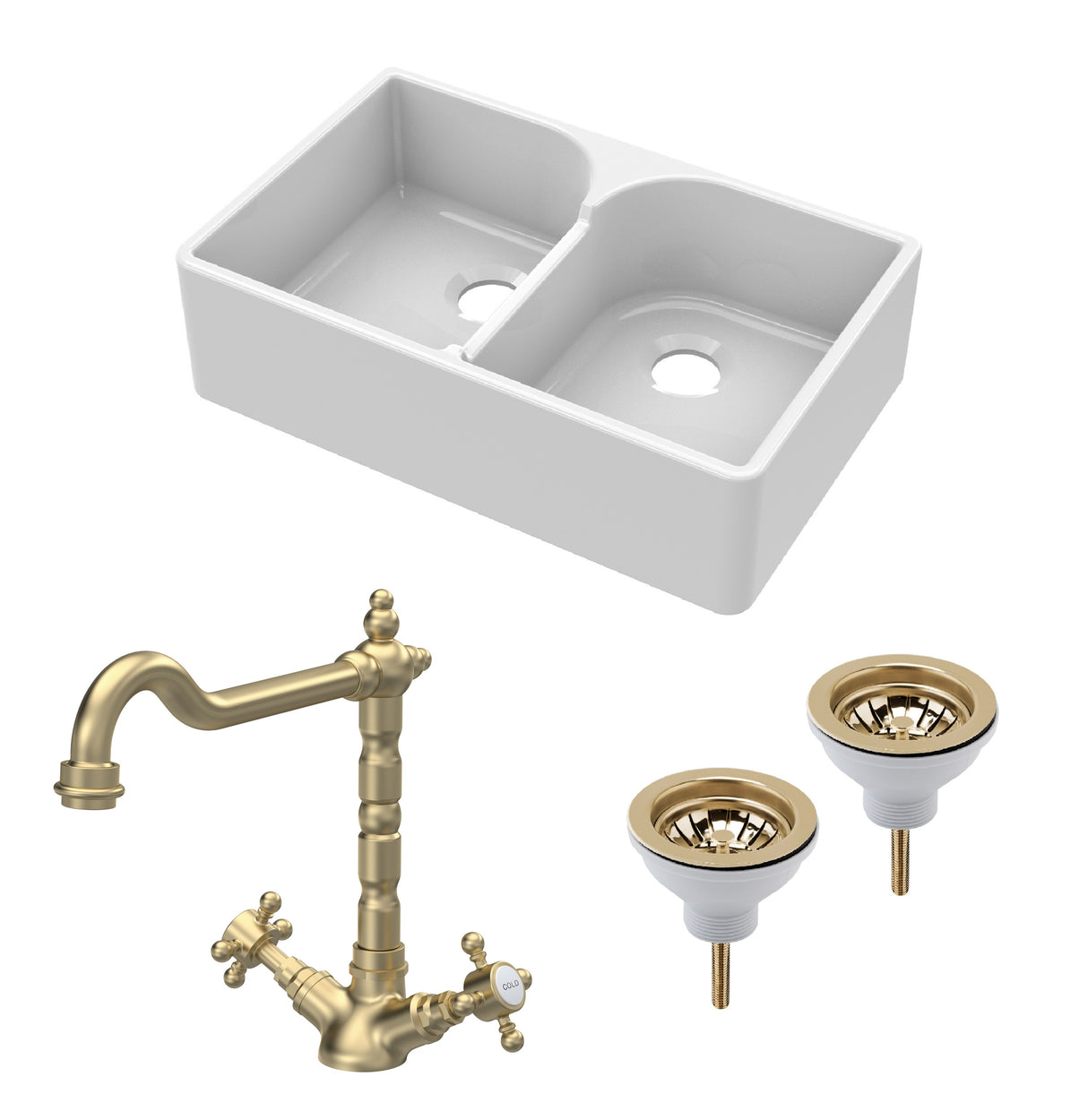 Fireclay Kitchen Bundle - Double Bowl Stepped Weir Butler Sink, Wastes & French Classic Tap, 795mm - Brushed Brass