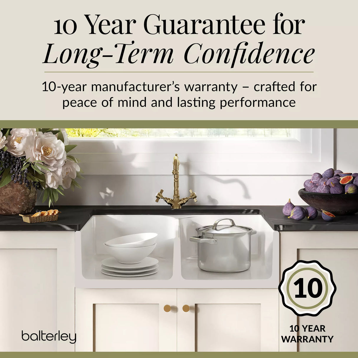 Fireclay Kitchen Bundle - Double Bowl Stepped Weir Butler Sink, Wastes & French Classic Tap, 795mm - Brushed Brass