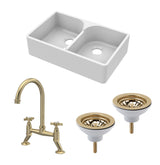 Fireclay Kitchen Bundle - Double Bowl Stepped Weir Butler Sink, Wastes & Bridge Crosshead Tap, 795mm - Brushed Brass