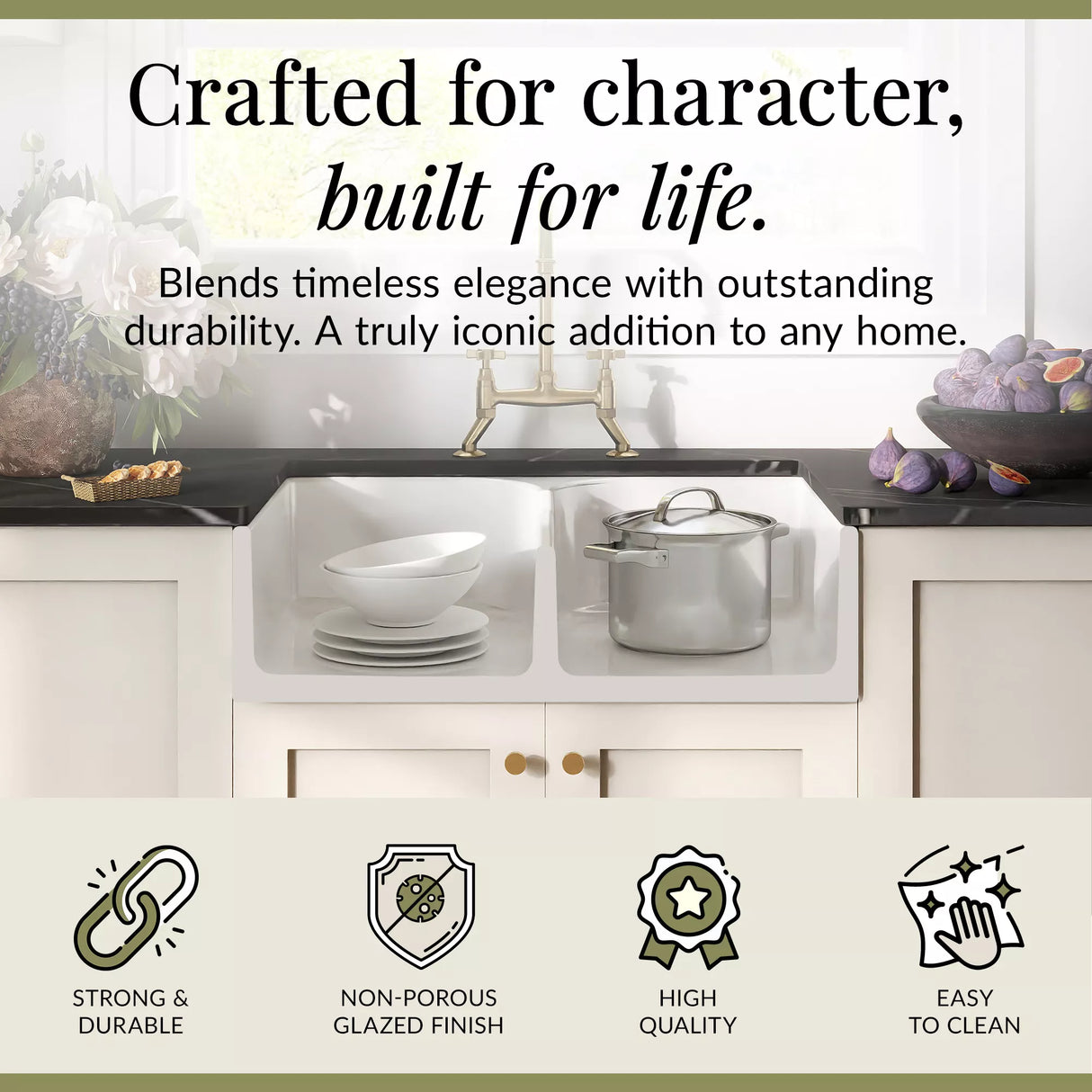 Fireclay Kitchen Bundle - Double Bowl Stepped Weir Butler Sink, Wastes & Bridge Crosshead Tap, 795mm - Brushed Brass