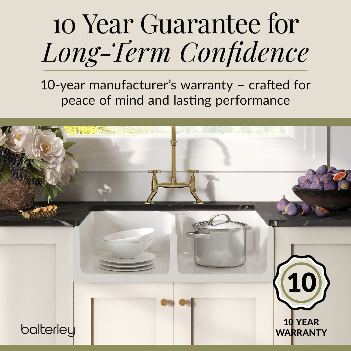 Fireclay Kitchen Bundle - Double Bowl Stepped Weir Butler Sink, Wastes & Bridge Crosshead Tap, 795mm - Brushed Brass