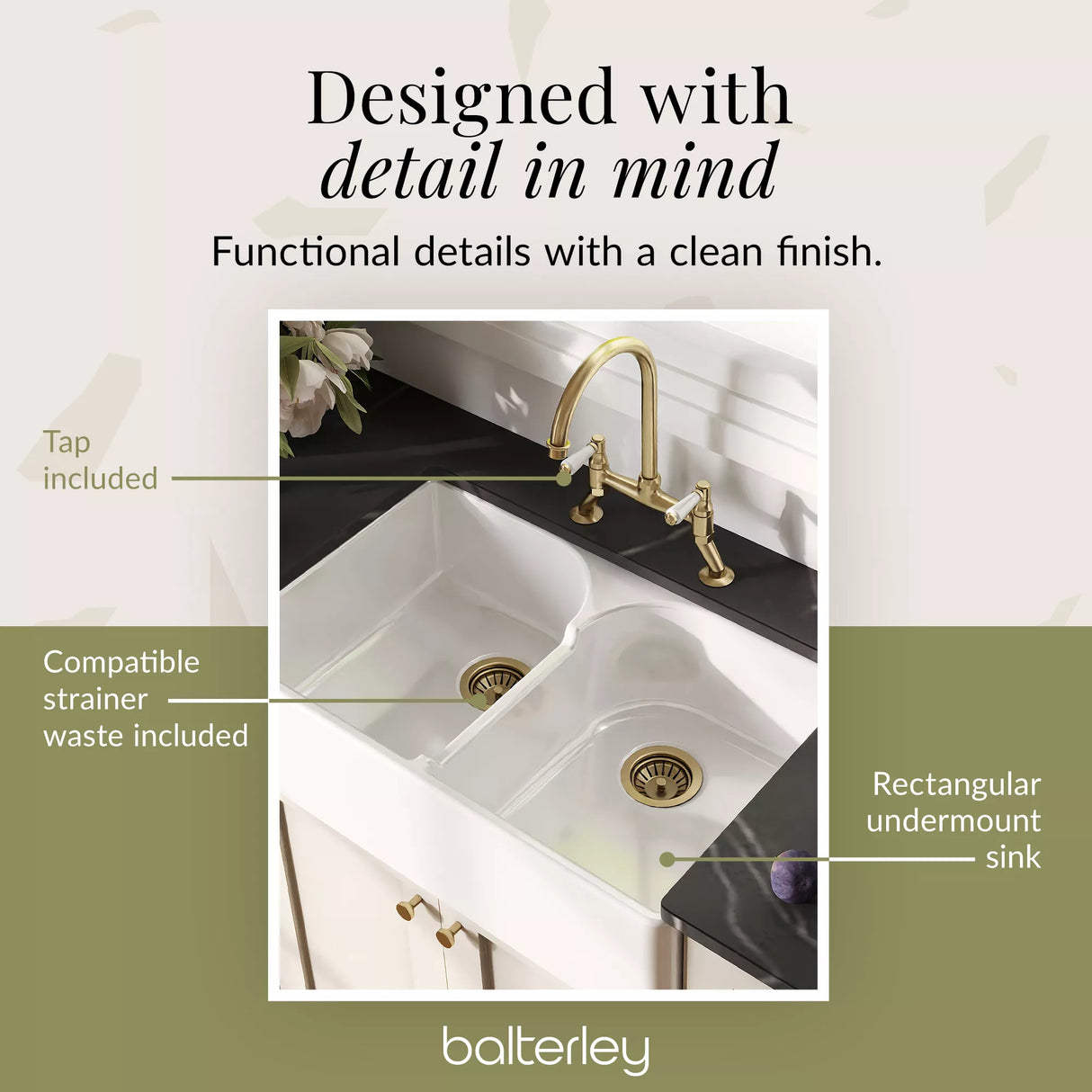 Fireclay Kitchen Bundle - Double Bowl Stepped Weir Butler Sink, Wastes & Bridge Lever Tap, 795mm - Brushed Brass