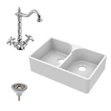 Double Bowl Fireclay Ceramic Butler Kitchen Sink Bundle with Stepped Weir, Classic Tap & Waste