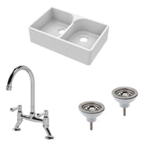 Fireclay Kitchen Bundle - Double Bowl Stepped Weir Butler Sink, Wastes & Bridge Lever Tap, 795mm - Chrome