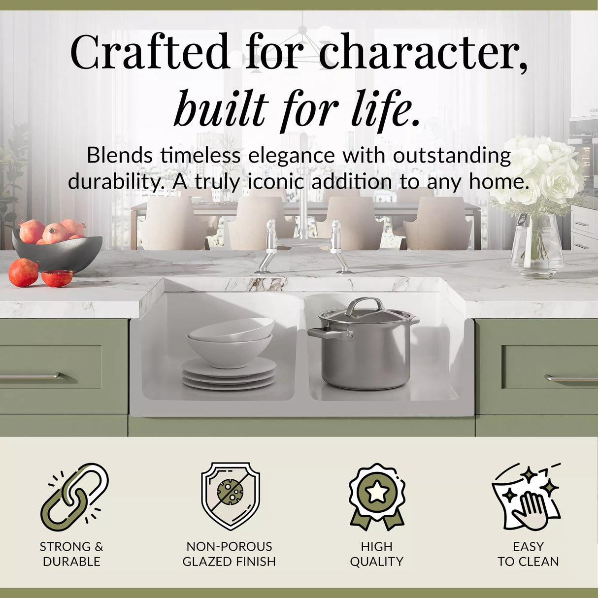 Fireclay Kitchen Bundle - Double Bowl Stepped Weir Butler Sink, Wastes & Bridge Lever Tap, 795mm - Chrome