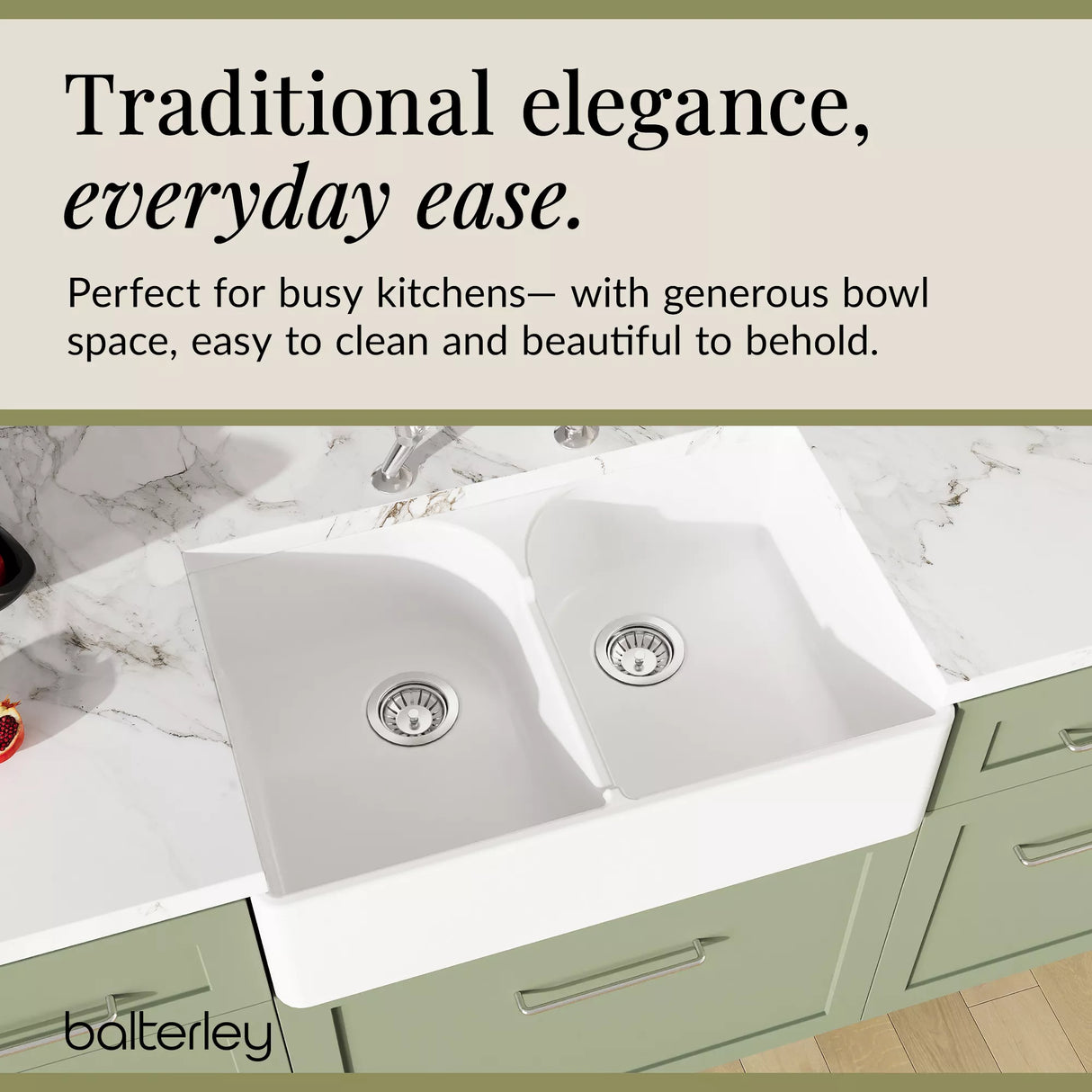 Fireclay Kitchen Bundle - Double Bowl Stepped Weir Butler Sink, Wastes & Bridge Lever Tap, 795mm - Chrome