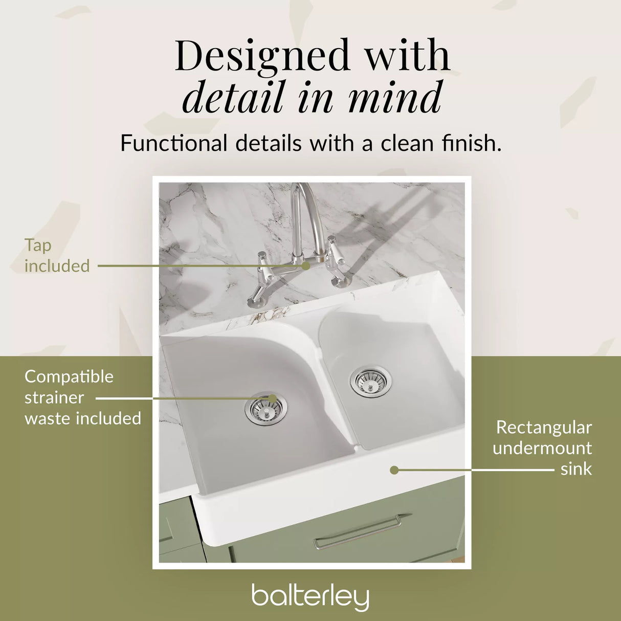 Fireclay Kitchen Bundle - Double Bowl Stepped Weir Butler Sink, Wastes & Bridge Lever Tap, 795mm - Chrome