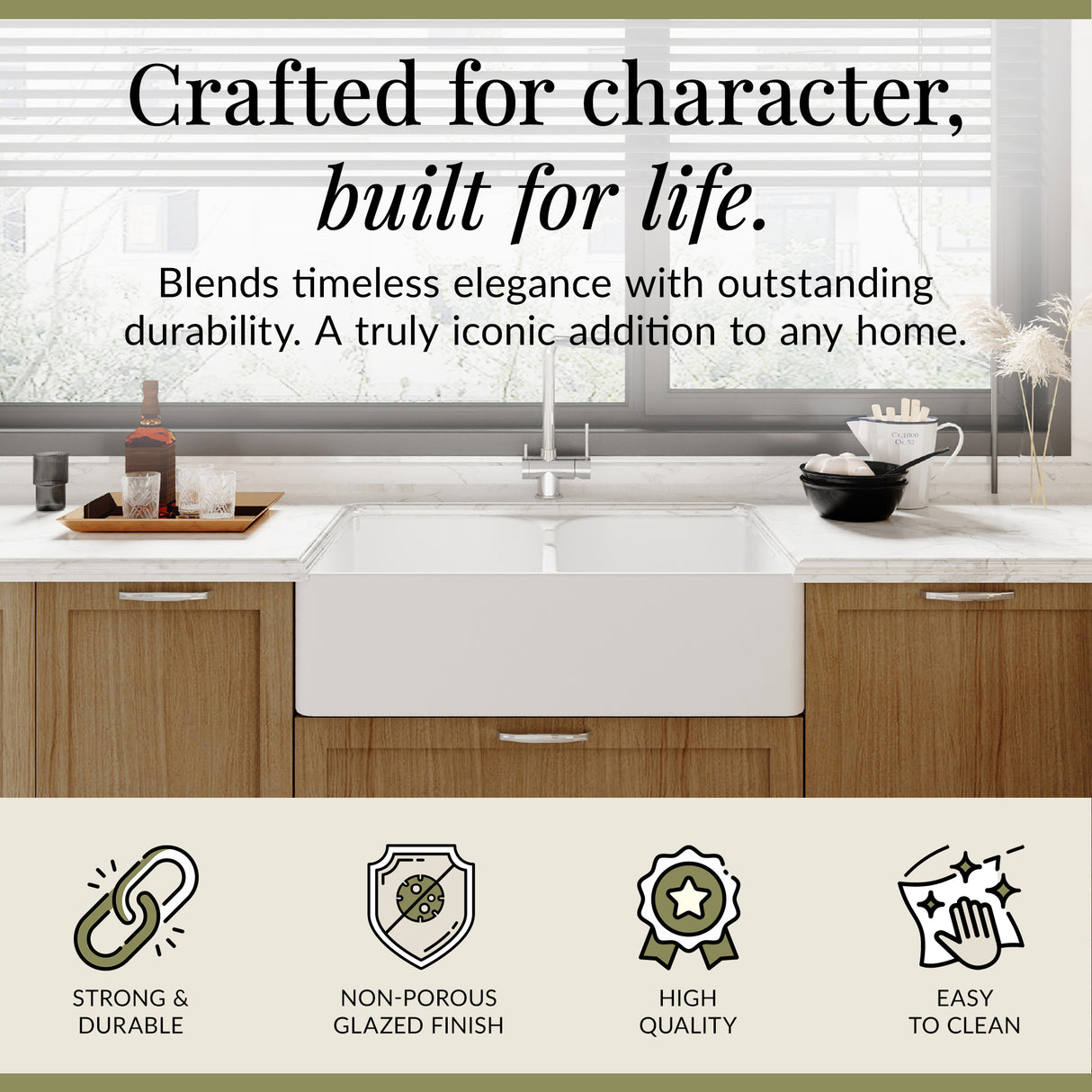 Double Bowl Fireclay Ceramic Butler Kitchen Sink with Stepped Weir  & Wastes