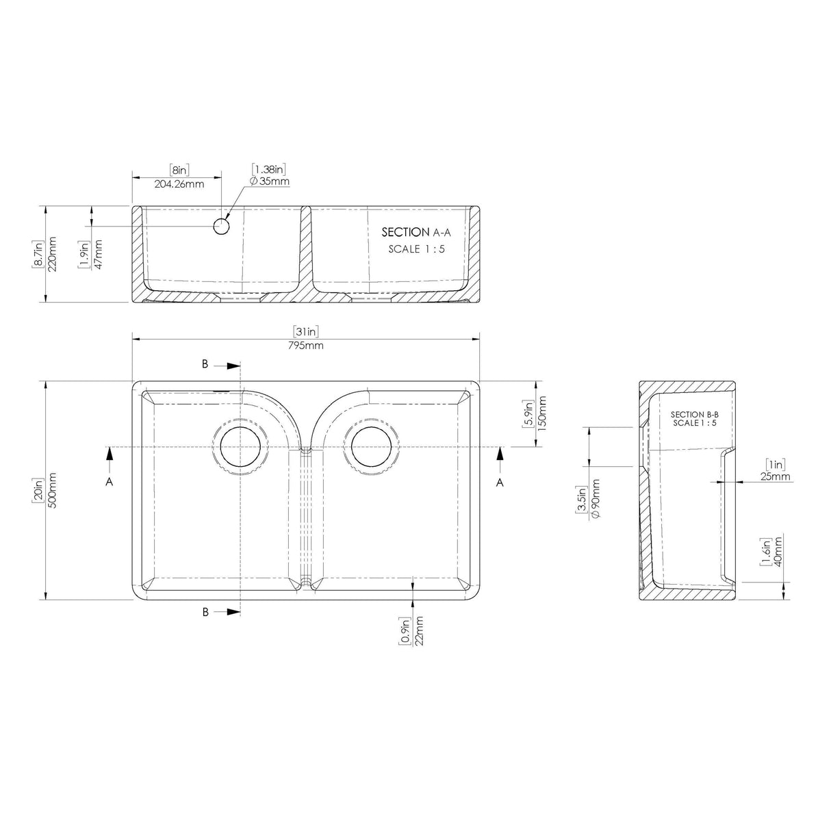 Fireclay Kitchen Bundle - Double Bowl Stepped Weir Butler Sink, Wastes & French Tap, 795mm - Brushed Brass