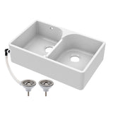 Double Bowl Fireclay Ceramic Butler Kitchen Sink with Stepped Weir & Wastes